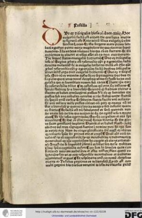 Postilla. Duo ex... Ante initium illius evangelii scribit sanctus Lucas quod Ihesus surgens mane prima sabbati...