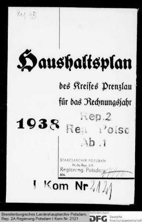 Haushaltsplan des Kreises Prenzlau für das Rechnungsjahr 1938