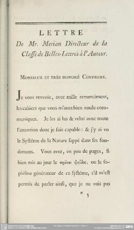 Lettre De Mr. Merian Directeur de la Classe de Belles-Lettres à l´Auteur