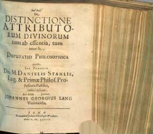 De Distinctione Attributorum Divinorum tum ab essentia, tum inter se, Disputatio Philosophica