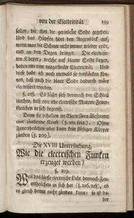 Die XVIII Untersuchung, Wie die electrischen Funken erzeuget werden?