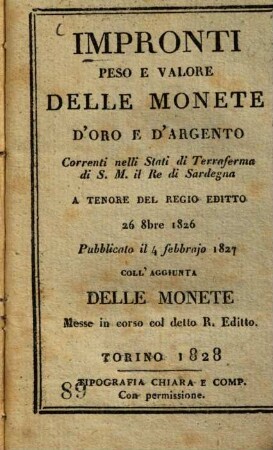 Impronti, peso e valore delle monete d'oro e d'argento