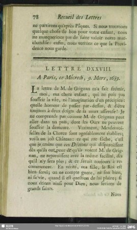 Lettre DXXVIII. A Paris, ce Mécredi, 9. Mars, 1689