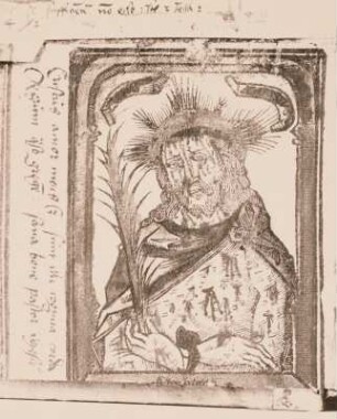 Christus als Schmerzensmann in Halbfigur, gefesselt mit Mantel, Dornenkrone und Palmenwedel