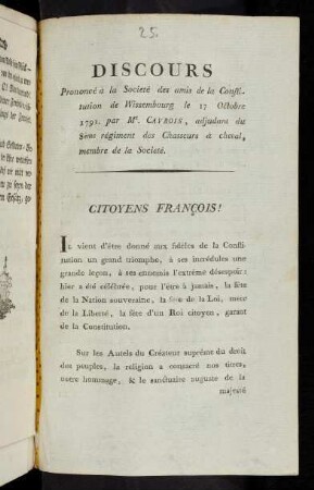 Discours Prononcé à la Societé des amis de la Constitution de Wissembourg le 17 Octobre 1791