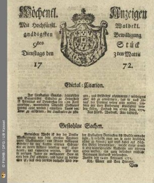 9tes Stueck, Dienstags den 3ten Martii 1772