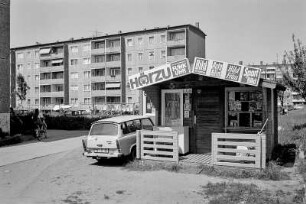 Deutsch-polnische Grenze, 1992. Zeitungskiosk mit Trabant-PKW, in Löcknitz