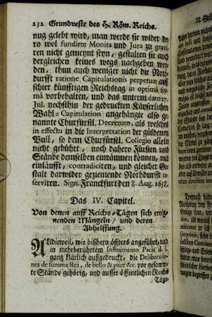 Das IV. Capitel. Von denen auff Reichs-Tägen sich ereignenden Mängeln/ und deren Abhelffung.