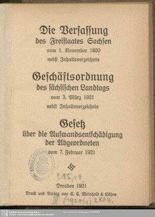 Die Verfassung des Freistaates Sachsen vom 1. November 1920 : nebst Inhaltsverzeichns