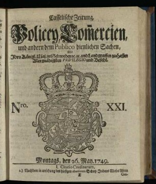 Nro. XXI, Montags, den 26. May 1749
