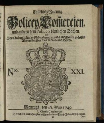 Nro. XXI, Montags, den 26. May 1749