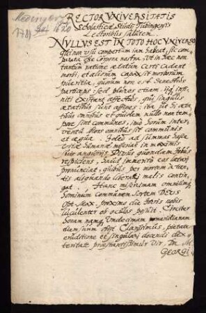 Todesanzeige des Georg Medingerus Scholae Anatolicae in hac urbe [Tübingen] Praeceptor, 1620.