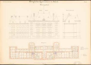 Gymnasium, Erfurt: Rückansicht, Grundriss KG 1:100