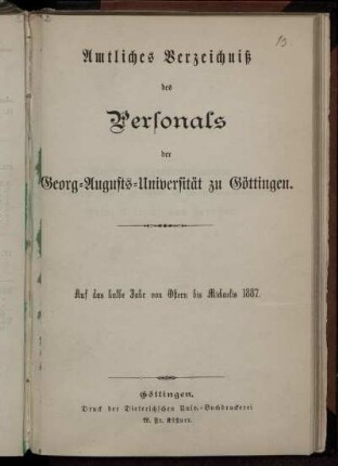 SS 1887: Personal-Bestand der Georg-Augusts-Universität zu Göttingen