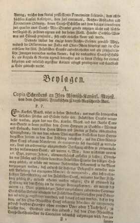 A. Copia Schreibens an Ihro Römisch-Kayserl. Majest. von dem Hochlöbl. Fränkischen Crayß-Ausschreib-Amt.