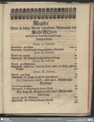 Register Derer in diesem Wercke enthaltenen Geheimnüsse des Reichs Gottes, Und derer in Exordiis beschriebenen heiligen Leute