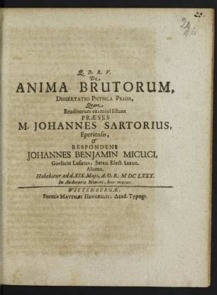 1: De Anima Brutorum, Dissertatio Physica ...