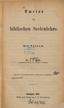 Umriss der biblischen Seelenlehre : ein Versuch
