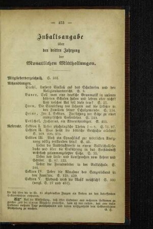 Inhaltsangabe über den dritten Jahrgang der Monatlichen Mittheilungen