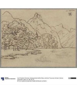 Gebirgslandschaft mit See, wohl der Traunsee mit dem Kleinen Sonnstein