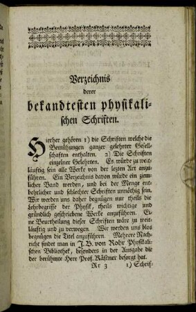 Verzeichnis derer bekandtesten physikalischen Schriften.