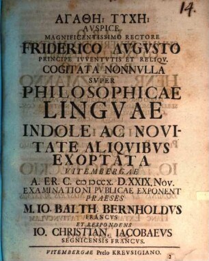 Cogitata nonnulla super philosophicae linguae indole ac novitate aliquibus exoptata