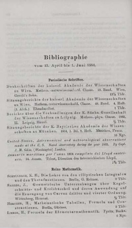Bibliographie vom 15. April bis 1. Juni 1864.