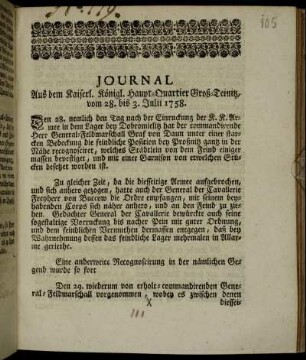 Journal Aus dem Kaiserl. Königl. Haupt-Quartier Groß-Teinitz, vom 28. bis 3. Julii 1758