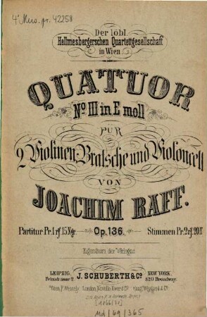 Quatuor No. III in e-Moll : für 2 Violinen, Bratsche u. Violoncell ; op. 136