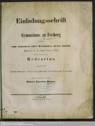 1851: Einladungsschrift des Gymnasiums zu Freiberg zu dem ... in demselben statt findenden Redeactus
