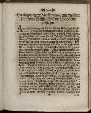 Catalogus derer Medicorum, mit welchen Hildanus schrifftliche Correspondenz gepflogen.