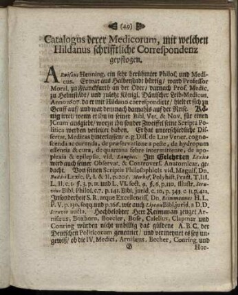 Catalogus derer Medicorum, mit welchen Hildanus schrifftliche Correspondenz gepflogen.