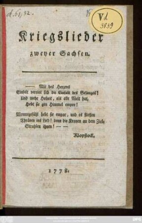 Kriegslieder zweyer Sachsen