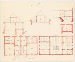 Zweifamilienhaus: Grundrisse Erdgeschoss, Obergeschoss; Balkenlagen; Schnitte
