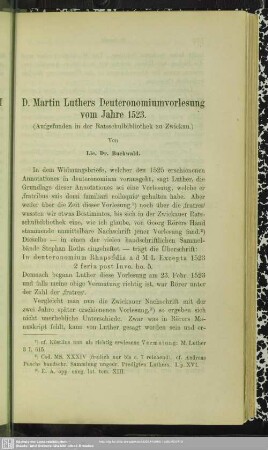D. Martin Luthers Deuteronomiumvorlesung vom Jahre 1523 : (Aufgefunden in der Ratsschulbibliothek zu Zwickau)
