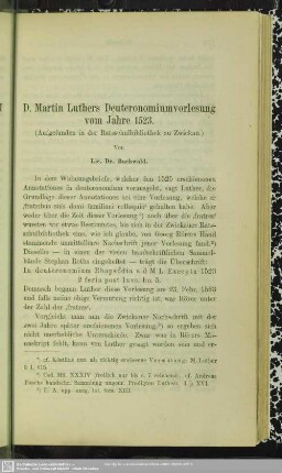 D. Martin Luthers Deuteronomiumvorlesung vom Jahre 1523 : (Aufgefunden in der Ratsschulbibliothek zu Zwickau)