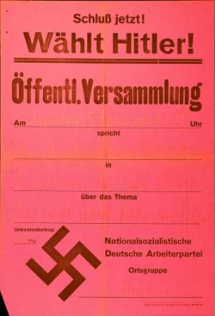 Versammlung der NSDAP-Ortsgruppe Achern:Wie will Adolf Hitler uns helfen? (in Großweier)