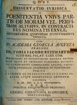 Diss. iur. de poenitentia unius partis ob moram vel perfidiam alterius, in contractibus nominatis exule