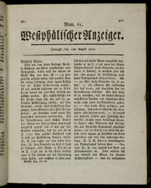 Num 61. Westphälischer Anzeiger. Freitags, den 1ten August 1800. - Num 64. Westphälischer Anzeiger. Dienstags, den 12ten August 1800.