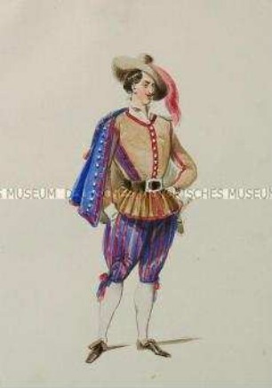 Mann im braunen Wams, blauer, geschulterter Jacke und blau-rot gestreiften Kniehosen - Tafel aus Franceschini/Kostümbilder (Kassette 1)