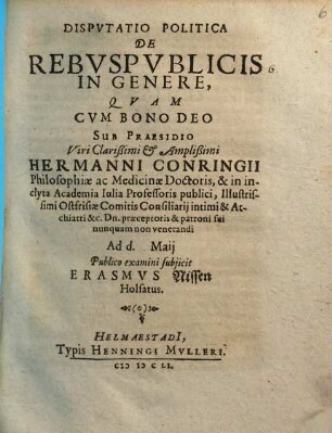 Disputatio politica de Rebuspublicis in genere