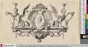 [Ornamentstich mit Porträtmedaille und zwei Mischwesen]
