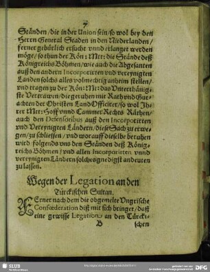 Wegen der Legation an den Türckischen Sultan