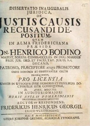 Dissertatio inauguralis iuridica de iustis causis recusandi depositum