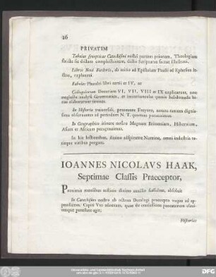 Ioannes Nicolaus Haak, Septimae Classis Praeceptor