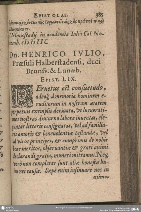 Dn. Henrico Iulio, Praesuli Halberstadensi, duci Brunsv. & Lunaeb. Epist. LIX.