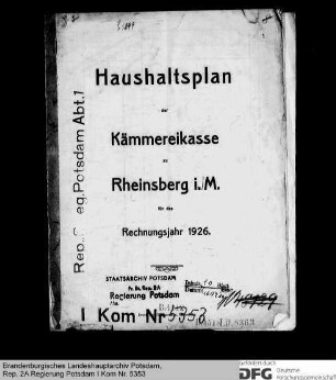 Haushaltsplan der Kämmereikasse Rheinsberg für das Rechnungsjahr 1926