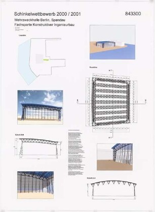 Bürger- und Kulturzentrum »Spandauer Eck«, Berlin-Spandau. Konstruktion und Berechnung der Überdachung einer Mehrzweckhalle Schinkelwettbewerb 2001: Lageplan, Grundriss, Schnitte, perspektivische Ansichten, Erläuterungen