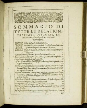 Sommario Di Tutte Le Relationi, Trattati, Discorsi, Et Instruttioni, che nel presente volume si contengono.
