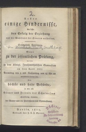3ten April 1822 ... der Rector und die Professoren des Gamnasiums